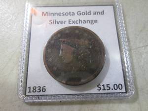 lot 267 image: 1836 One Cent Coin in Sleeve  CNTR ...