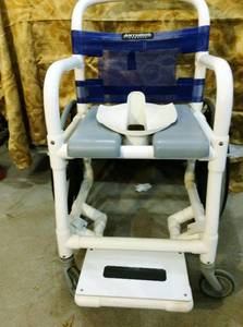 lot 40 image: MSRP $800 Anthros PVC Self Propelled Shower, In The Pool, Commode Self-Propelled Wheelchair wPadded Bench Seat & Slide-Out Footrest - Great Condition