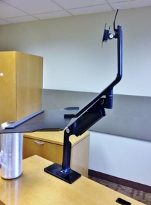 lot 6 image: MSRP $1200 Humanscale Ergonomic Sit-To-Stand Adjustable Arm For Monitor Plus Laptop Or Keyboard Holder Stand - Desk Mount - Great Condition