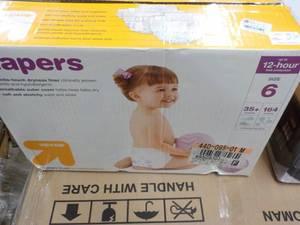 Box of 164 size 6 and up diapers...
