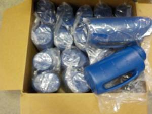 box of blue plastic containers ...