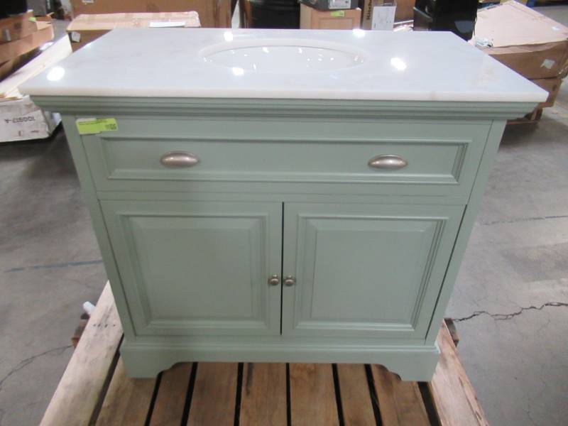 Sadie 38 in. W x 21.5 in. D Vanity in Antique Light Cyan with Marble Vanity Top in Natural White with White Sinks Sadie 38 in. W x 21.5 in. D Vanity in Antique Light Cyan with Marble Vanity Top in Natural White with White Sinks