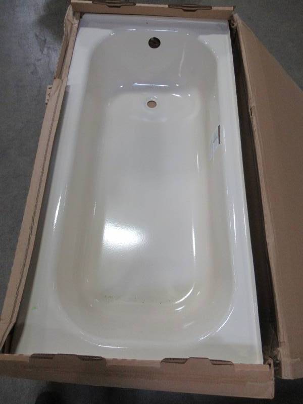 lot 100 image: Bootz Industries Aloha 60 x 30 x 14 14 Left Drain Rectangular Alcove Soaking Bathtub in Bone - Enamel Chip Top of Tub Above Overflow.