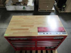 lot 213 image: Husky 46 in. W x  24.5 in. D 9-Drawer Mobile Workbench with Solid Wood Top in Red H46MWC9RXD