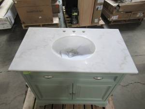 lot 214 image: Home Decorators Collection Sadie 38 in. W x 21.5 in. D Vanity in Antique Light Cyan with Marble Vanity Top in Natural White with White Basins MD-V1835