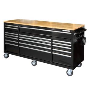 lot 114 image: Husky 72 in. 18-Drawer Mobile Workbench with Solid Wood Top, Black - Top Dented, Missing Hardware for Two Casters, Top LH Drawers will not open.