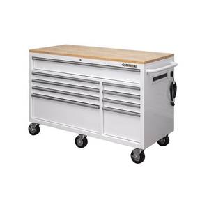 lot 115 image: Husky 56 in. W 9-Drawer Deep Tool Chest Mobile Workbench in Gloss White with Hardwood Top. Slight Scratch and Dent.