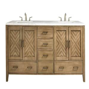 lot 117 image: Home Decorators Collection Sedona 72 in W. Double Vanity in Fawn Grey with Faux Marble Vanity Top in White with White Basins, 9966000270 - One Door is Damaged on LH Side.