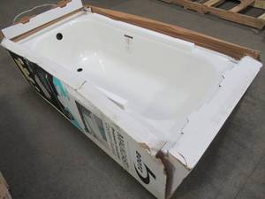 lot 108 image: Bootz Mauicast 60 in. Left Drain Rectangular Alcove Soaking Bathtub in White, 011-3345-00 - Enamel Damage on RH Corner of Tile Flange.