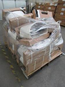 lot 144 image: WHOLESALE MIXED PALLET OF MISCELLANEOUS TOILET TANKS AND SEATS - Tanks Have Internal Plumbing, Missing Lids.