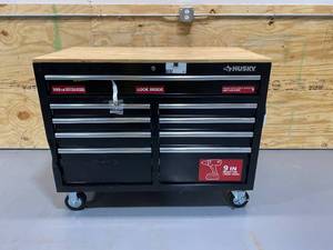 HUSKY 46 in. W 9-Drawer, Deep Tool Chest Mobile Workbench in Gloss Black with Hardwood Top