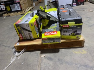 Pallet of assorted Ryobi outdoor tools electricgas. See pictures