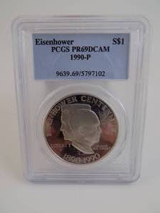 lot 11 image: 1990P Eisenhower $1 PR69DCAM Graded PCGS