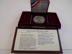 lot 94 image: 1988 Proof Silver Dollar US Olympic With Certificate of Authenticity In Box In Felt Box