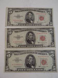 lot 123 image: 3 - $5 Red Seal Series 1963, 1953B, 1953C $15 Face Value