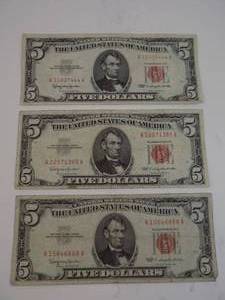 lot 124 image: 3 - $5 1963 Red Seal $15 Face Value