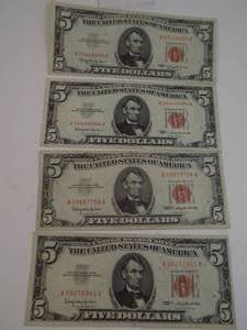 lot 126 image: 4 - $5 Red Seals Series 1963 $20 Face Value