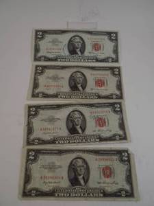 lot 127 image: 4 - $2 Red Seal Series 1953, 1953B, 1963A $8 Face Value