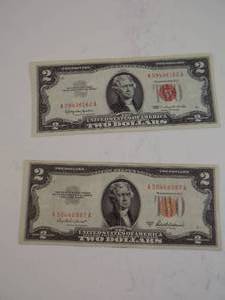 lot 129 image: 2-$2 Red Seal Series 1963, 1953A $4 Face Value