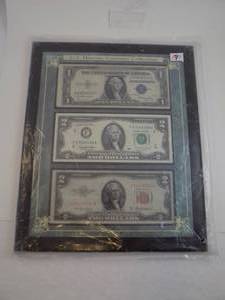 lot 130 image: US Historic Currency Collection $1 Silver Cerificate 1935E Blue Seal, $2 1995 Green Seal, $2 1953A Red Seal With Certificate of Authenticity In Frame