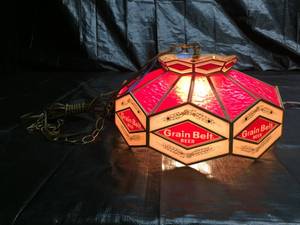 lot 38 image: Grain Belt faux stained glass  Tiffany style hanging lamp - large