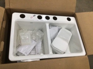 Riverby Workstation Undermount Cast Iron 33 in. 5-Hole Double Bowl Kitchen Sink Kit in White with Accessories by KOHLER Not used