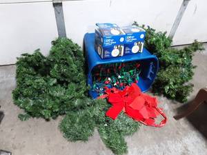 lot 105 image: Greenery, Garland, Old Fashion Outdoor Lights, Light Spheres, Red Velvet Bows,  With Tote