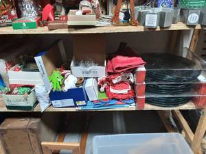 lot 106 image: 12 New Teal Charger Plates, Towels, Table Linens (Some New), Assorted Ornaments
