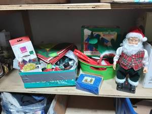 lot 109 image: Lot Of Cookie Press, Animated Santa, Nativity Set, Lights, Table Ware