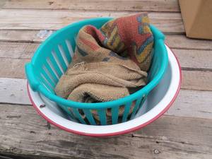 lot 185 image: Potato sack, basket, enamel basin...
