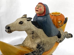 lot 44 image: Leo Smith Folk Art Horseback Witch Taper Candleholder by Dept. 56. Signed