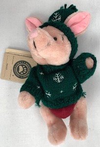 lot 79 image: Disney Collectible Piglet (Stuffed Toy)  and matching ornament from Pooh Bears Winter Holiday, The Boyds Collection
