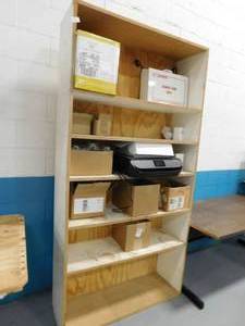 lot 35 image: Wood Shelving Unit - 40.5(w) x 13.5(d) x 80.5(h) - Includes contents