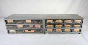Set of 2 Vintage 12 Drawer Metal Storage Cabinets With Hardware and Accessories