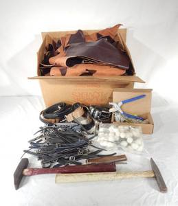 Lot of Leather Tools, Leather Scraps and Accessories