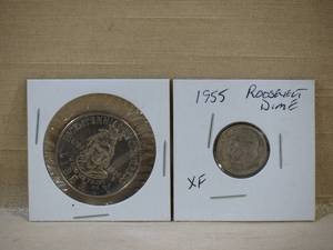 lot 106 image: 1955 Roosevelt Dime, 1989 Commemorative Half