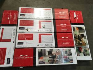 Pallet with Versatile Assorted Pattern Commercial Peel Stick 9x36 Carpet Tile Planks 12pc each case not used see pictures