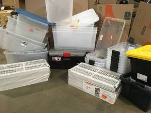 Pallet with storage bins and shelves some missing pieces see pictures
