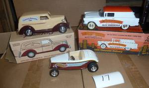 3 Diecast car banks, 37 Chevy panel...