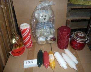 Candle lot and wax covered bear wit...