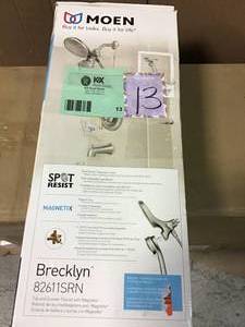 lot 13 image: Brecklyn Single-Handle 6-Spray Tub and Shower Faucet with Magnetix Rainshower Combo in Spot Resist Brushed Nickel by MOEN in good condition
