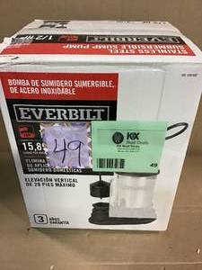 lot 49 image: 12 HP Submersible Sump Pump by Everbilt in good condition