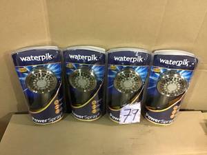 lot 79 image: Small Lot of 5-Spray 3.5 in. Single Wall Mount Low Flow Handheld Adjustable Shower Head in Brushed Nickel by Waterpik in good condition