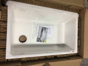 lot 216 image: Whitehaven Farmhouse Apron Front Self-Trimming Cast Iron 30 in. Single Bowl Kitchen Sink in White by KOHLER not used