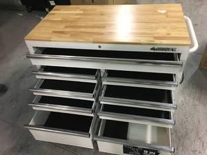 Husky 52 in. 9-Drawer Mobile Workbench in Gloss White  DAMAGED ON THE BOTTOM SEE PICTURES