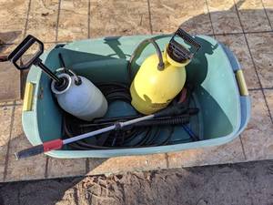 lot 160 image: (2) Hand Pump Yard Sprayers and Pressure Washer HandlesHoses
