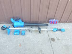 Kobalt 24 volt blower & weed trimmer with 1 battery & charger. Tested & works. As shown.