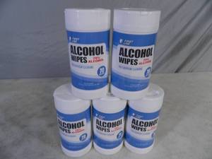 lot 100 image: 5 New Jars of Alcohol Wipes 70 count