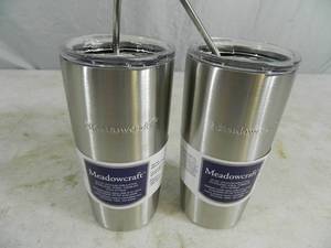 lot 214 image: 2 New Meadowcraft Stainless Steel Tumblers with Metal Straws