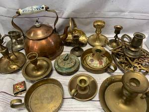 lot 23 image: Huge Lot Of Brass Items And Copper Teapot